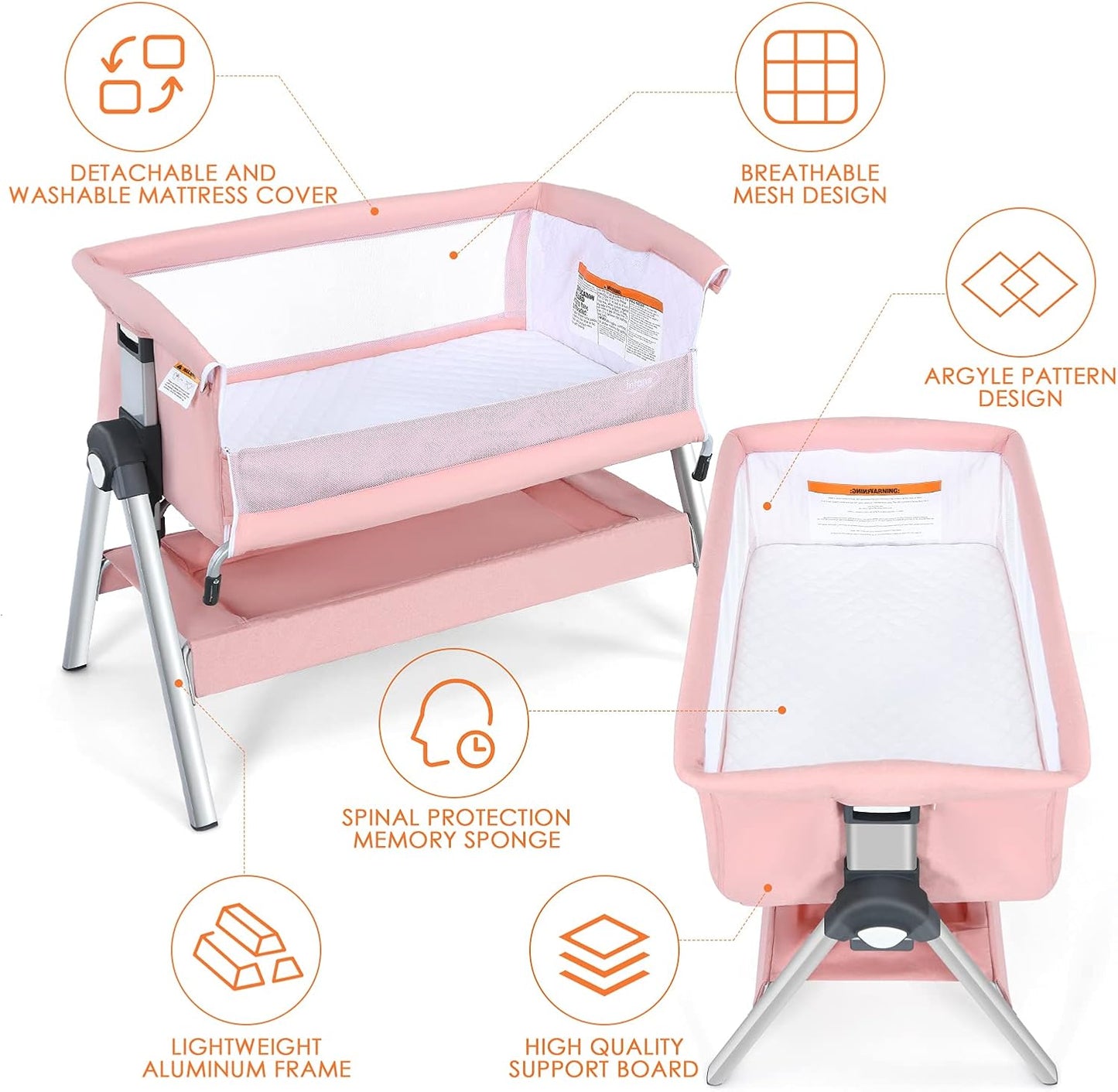 INFANS Baby Bassinet Bedside Crib, Newborn Sleeper w/Large Storage Basket, Adjustable Heights, Detachable &Washable Mattress, Breathable Mesh, Straps, Easy Moving Bed Side (Pink)