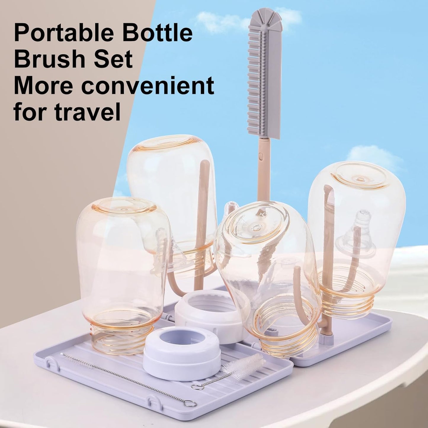 Baby Bottle Drying Rack，Travel Baby Bottle Drying Rack Set, Cleaner Kit with Silicone Bottle Brush,Straw Brush, Suitable for Home use or Traveling with Babies (Coffee Color)