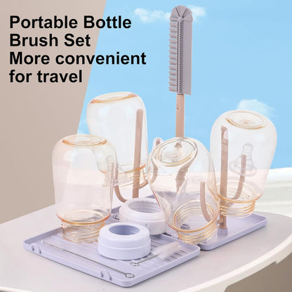 Baby Bottle Drying Rack，Travel Baby Bottle Drying Rack Set, Cleaner Kit with Silicone Bottle Brush,Straw Brush, Suitable for Home use or Traveling with Babies (Coffee Color)