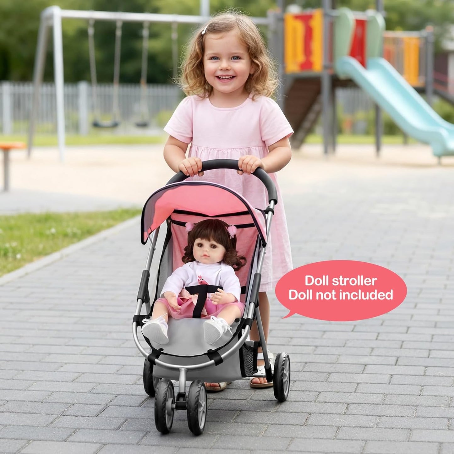 GAGAKU Baby Doll Stroller for Toddlers, Foldable Toy Stroller with Storage Basket and Bag, Diapers - Reborn Doll Accessories for Girls & Kids Ages 3+, Pink