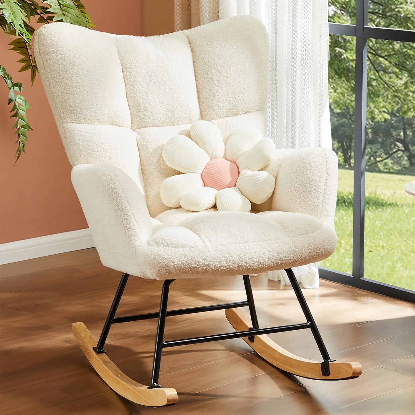 DUMOS Nursery Rocking Chair Teddy Upholstered, Comfy Glider Rocker with High Backrest Armchair Padded Seat, Accent Side Chair for Living Room Bedroom Offices Small Spaces Indoor, Beige