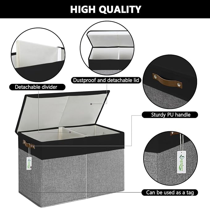 Bagnizer Large Toy Storage Box with Lids, Collapsible Sturdy Baby Storage Organizer Chest Bin Basket for Kids, Boys, Girls, Playroom, Nursery, Bedroom, Closet 25"x13"x16" (Gray and Black)