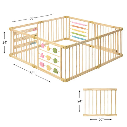 ZETY Natural Wood Baby Playpen – 8 or 10 Panel Foldable Play Yard with Door Panel and Built-in Toys, CPC Certified & SGS Tested