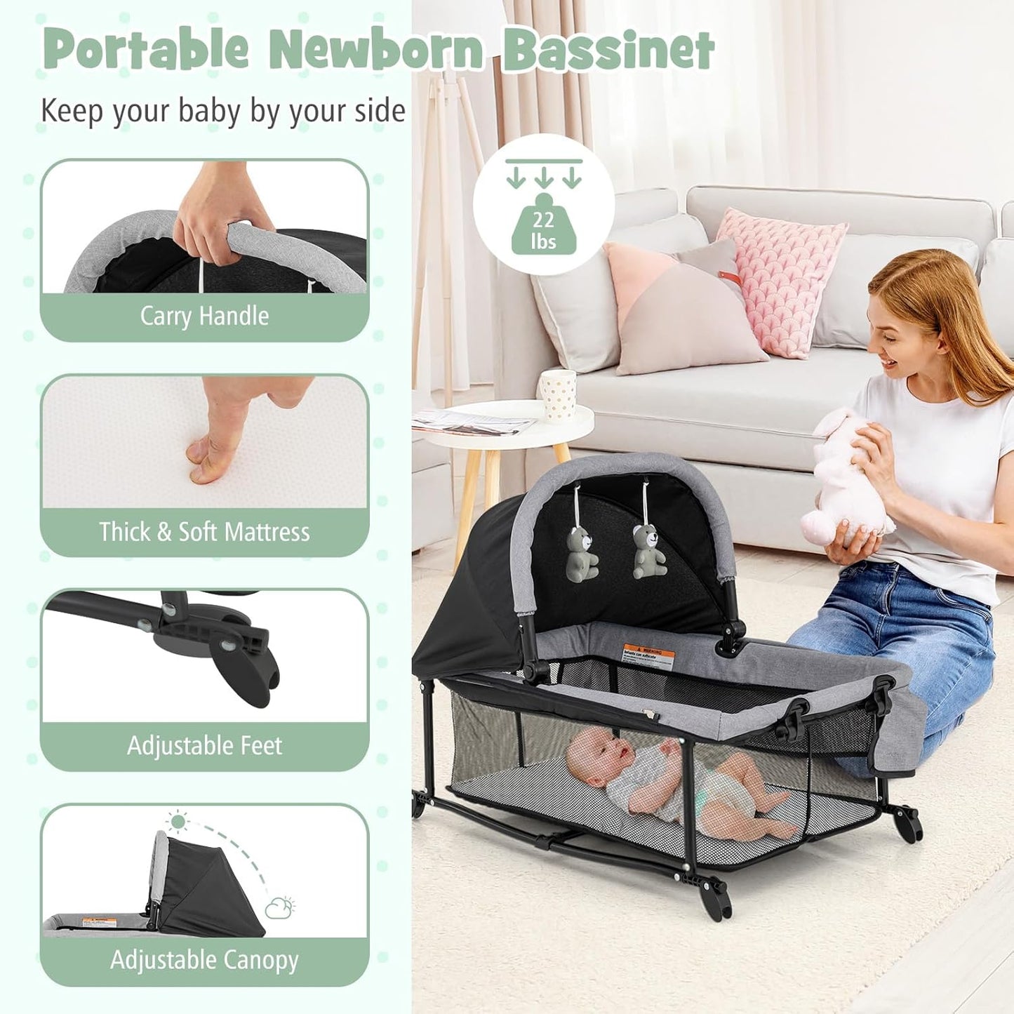 HONEY JOY Pack and Play, 5 in 1 Portable Infant Playpen with Bassinet & Changing Table, Storage Bag, Music Box, Toys, Carry Bag, Nursery Center, Baby Playard Pack n Play Crib for Boys Girls