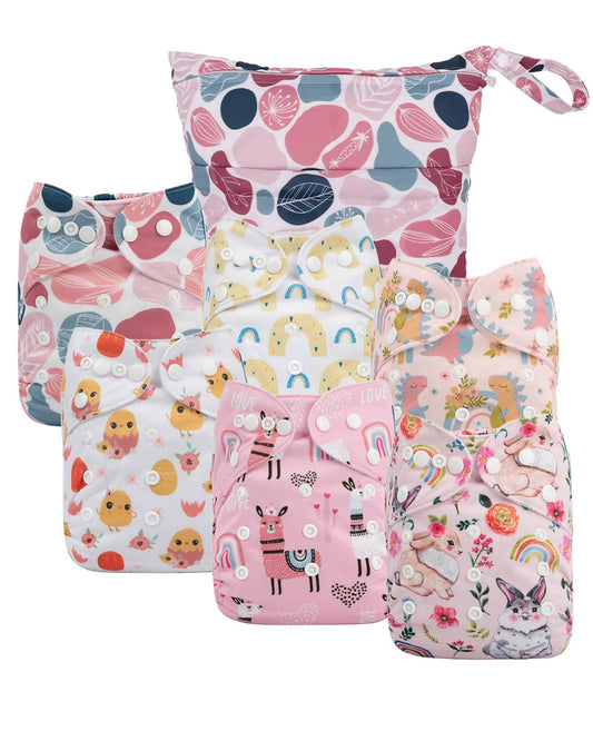 babygoal Cloth Diaper Covers 6 Pack with Wet Bag for Fitted Diapers and Prefolds with Double Gussets, Adjustable and Reusable for Baby Boys and Girls