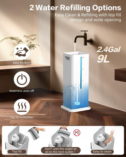 Cool Mist Humidifiers for Bedroom, Ultrasonic 2.4Gal 9L Quiet Top-Fill, Easy Clean with Essential Oil Tray, 360°Nozzle, 4 Speed, Remote, 60H Runtime, for Baby, Adults, Plants, Home, House, Large Room