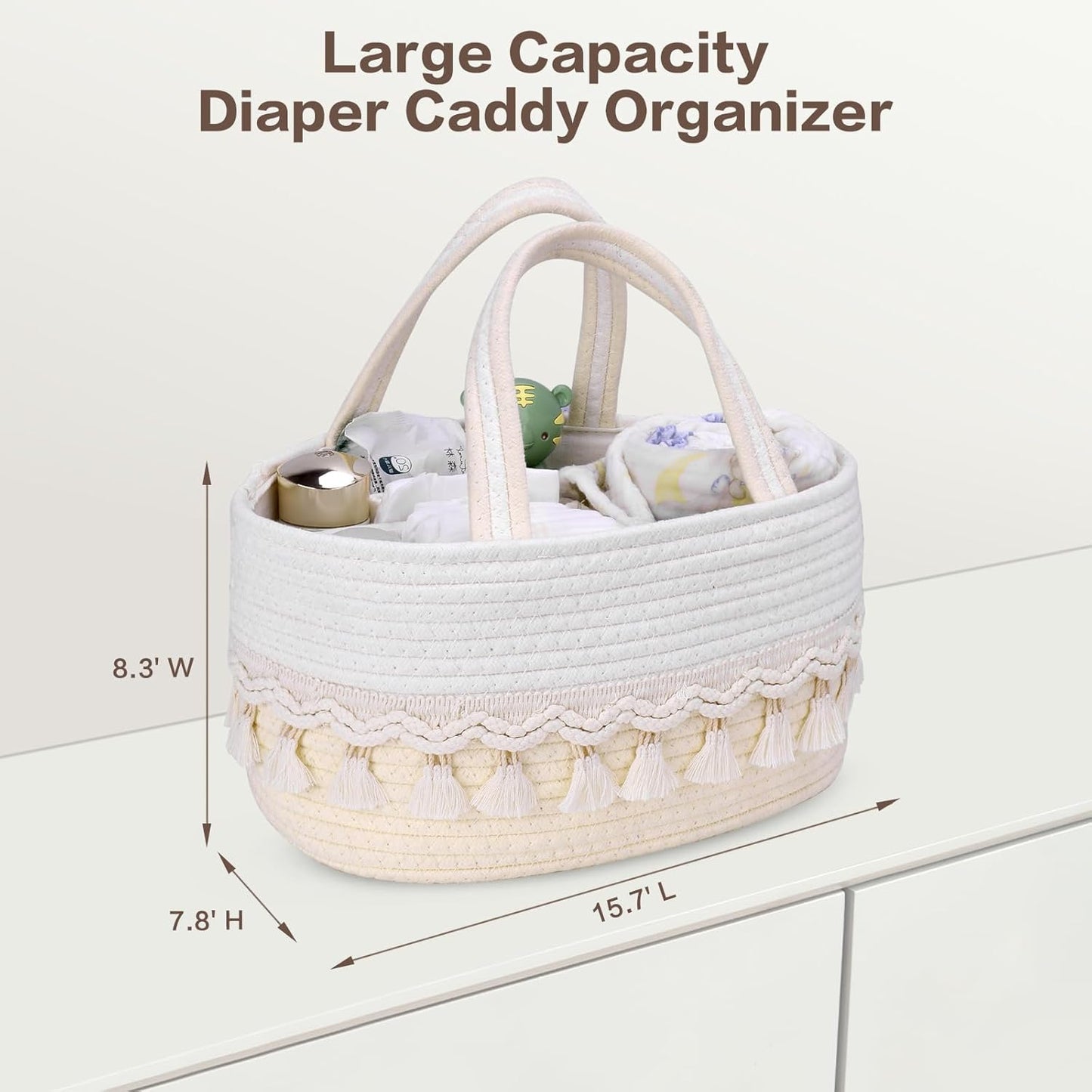 Diaper Caddy Organizer, Stylish Nursery Storage Basket, Baby Shower Basket with Tassel Decorative Appearance, Portable Storage Basket Suitable for Family and Car Travel (Grey)