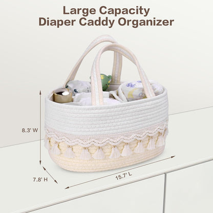 Diaper Caddy Organizer, Stylish Nursery Storage Basket, Baby Shower Basket with Tassel Decorative Appearance, Portable Storage Basket Suitable for Family and Car Travel (Grey)