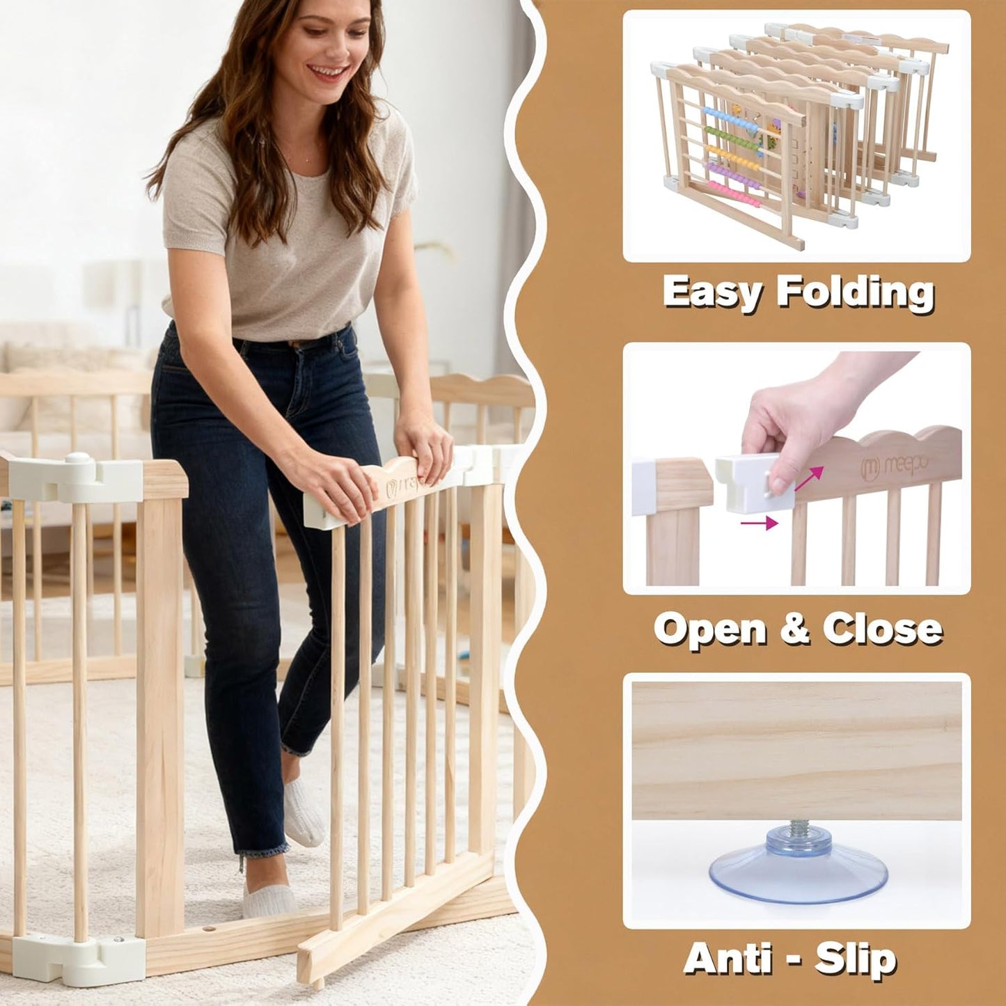 M MEEPO Foldable Baby Playpen, 57 x 57 x 25 in, Adjustable Shape & Size Wooden Baby Playpen with 2-Pack Storage Bags, Nature Pine Wood Play Yard for Infant, Toddler, Safety Lock Door, Build in Toys