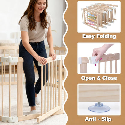 M MEEPO Foldable Baby Playpen, 57 x 57 x 25 in, Adjustable Shape & Size Wooden Baby Playpen with 2-Pack Storage Bags, Nature Pine Wood Play Yard for Infant, Toddler, Safety Lock Door, Build in Toys