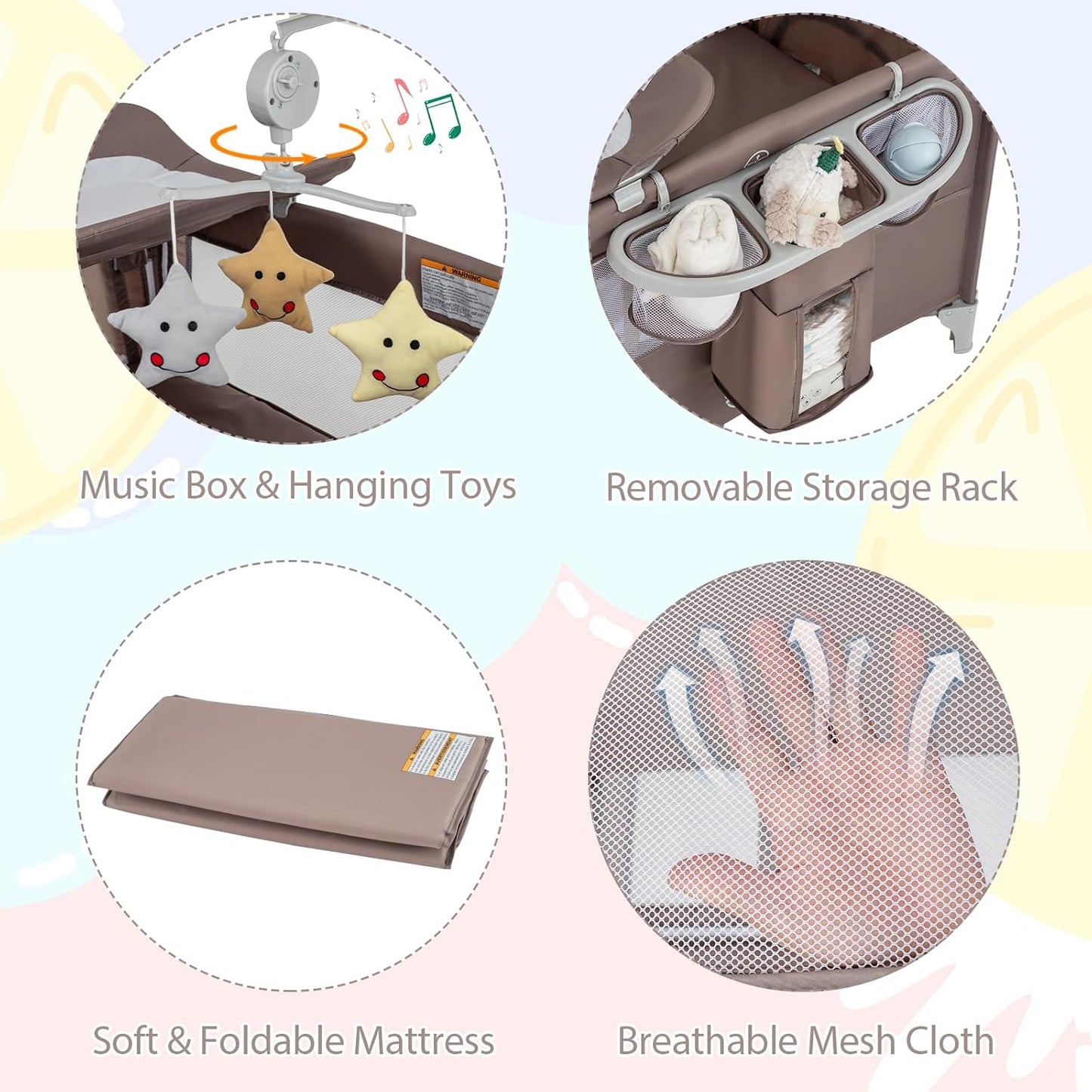 BABY JOY 5-in-1 Pack and Play, Portable Baby Bedside Sleeper with Bassinet, U-Shaped Diaper Changer, Safety Strap, Side Zipper Entrance, Hangings, Bedside Crib Playard from Newborn to Toddlers (Gray)