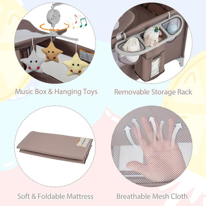 BABY JOY 5-in-1 Pack and Play, Portable Baby Bedside Sleeper with Bassinet, U-Shaped Diaper Changer, Safety Strap, Side Zipper Entrance, Hangings, Bedside Crib Playard from Newborn to Toddlers (Gray)