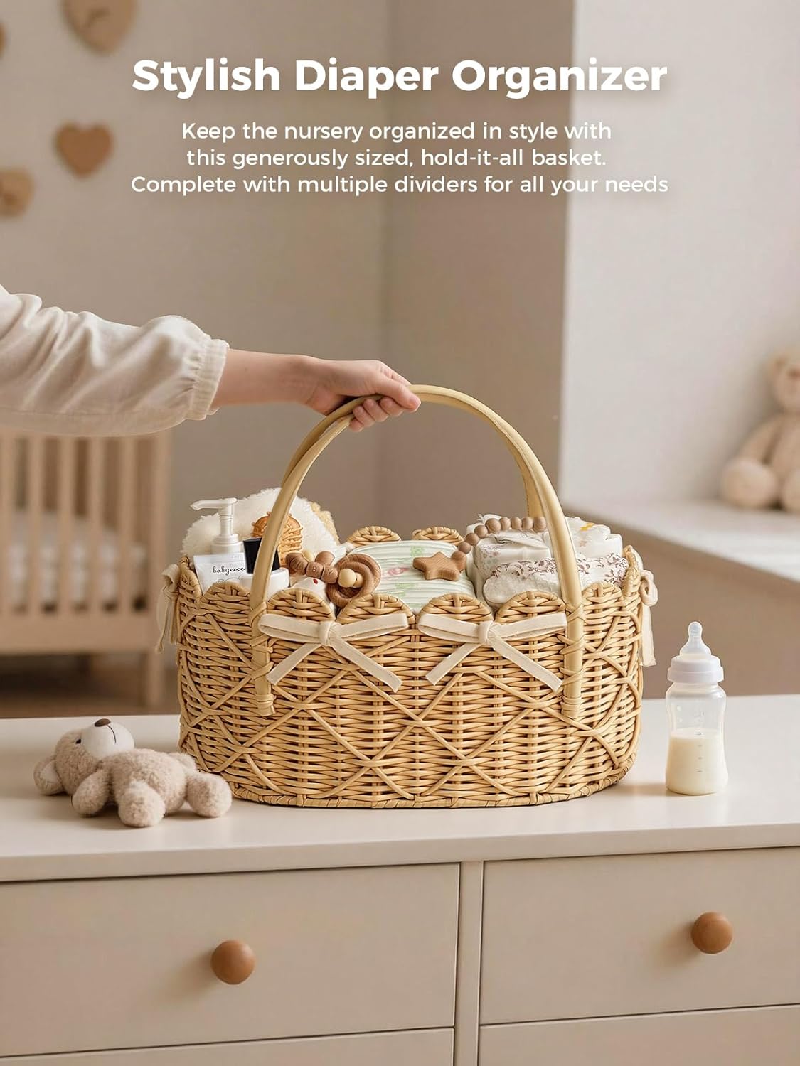 Diaper Caddy Organizer, Hand Rattan Scalloped Diaper Caddy Changing Table Organizer, Wicker Nursery Bakset Picnic Basket Household Organizer, Beige TB31