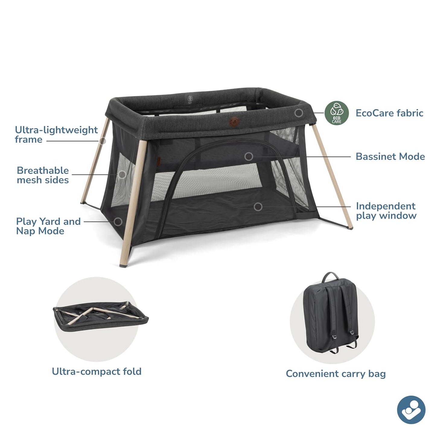 Maxi-Cosi Calao Travel Playard, Infant Bassinet, Toddler Playpen, Portable, Lightweight, Foldable, Easy Setup, with Carry Bag, Breathable Mesh, Truffle