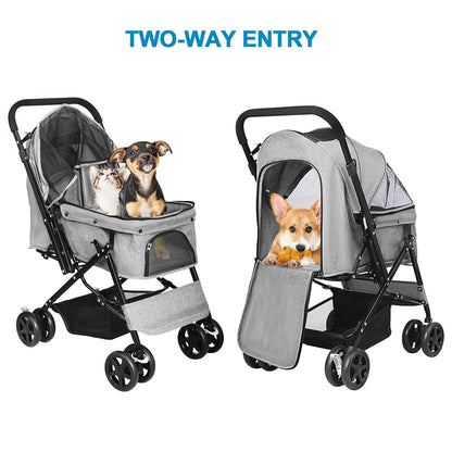 Lightweight Dog Stroller with Reversible Handle for Medium Small Dogs and Cats, Foldable Pet Stroller Travel Carriage with Large Storage Basket, 4 Wheels, Black