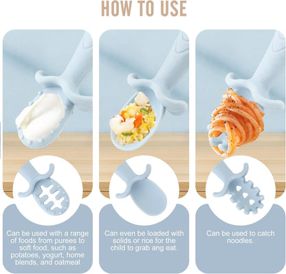 Silicone Baby Feeding Set, 8-Piece Baby Led Weaning Supplies Included Toddler Suction Plate, Bowl, Cup, 3 Spoons & 2 Safety Straps Keep Spoon, Fork & Bottle Off The Floor for Self-Feeding (Blue)