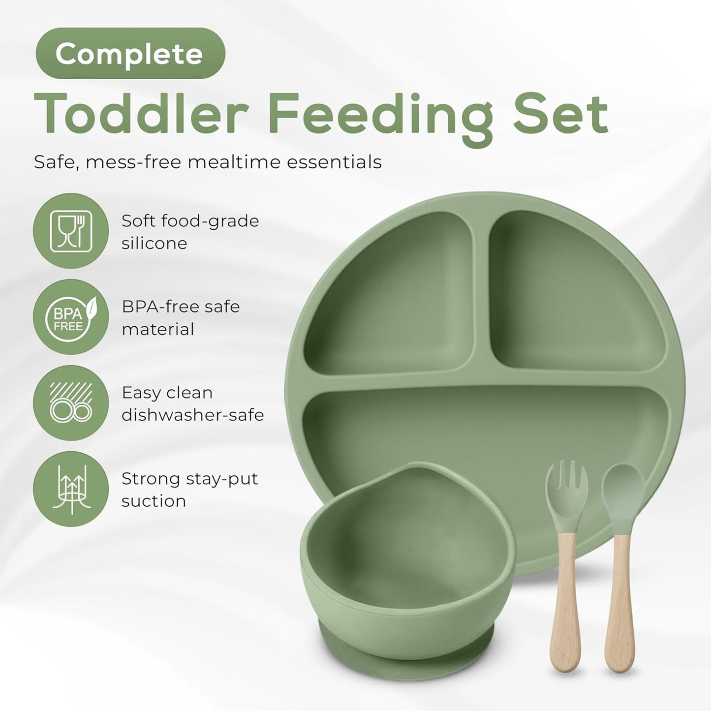 NurtureNest Silicone Toddler Feeding Set – Suction Plate & Bowl, Toddler Spoon & Fork, BPA-Free, Dishwasher Safe, Microwave Safe, Sage Green