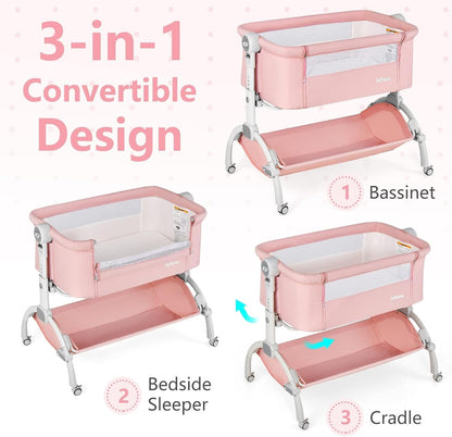 INFANS 3 in 1 Baby Bassinet, Bedside Sleeper, Rocking Cradle, Easy Folding Portable Safer Co-Sleeping Crib with Height Adjustable, Wheels Storage Basket Travel Bag for Infant Newborn (Gray)