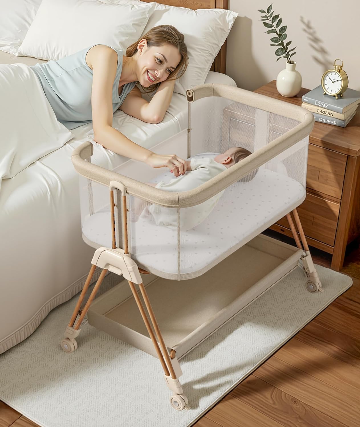 Fodoss Baby Bassinets Bedside Sleeper - 3-in-1 Baby Bassinet with Wheels, Soft Mattress, Storage Tray, Full-Mesh Sides, 7-Height Adjustable Crib for Newborns