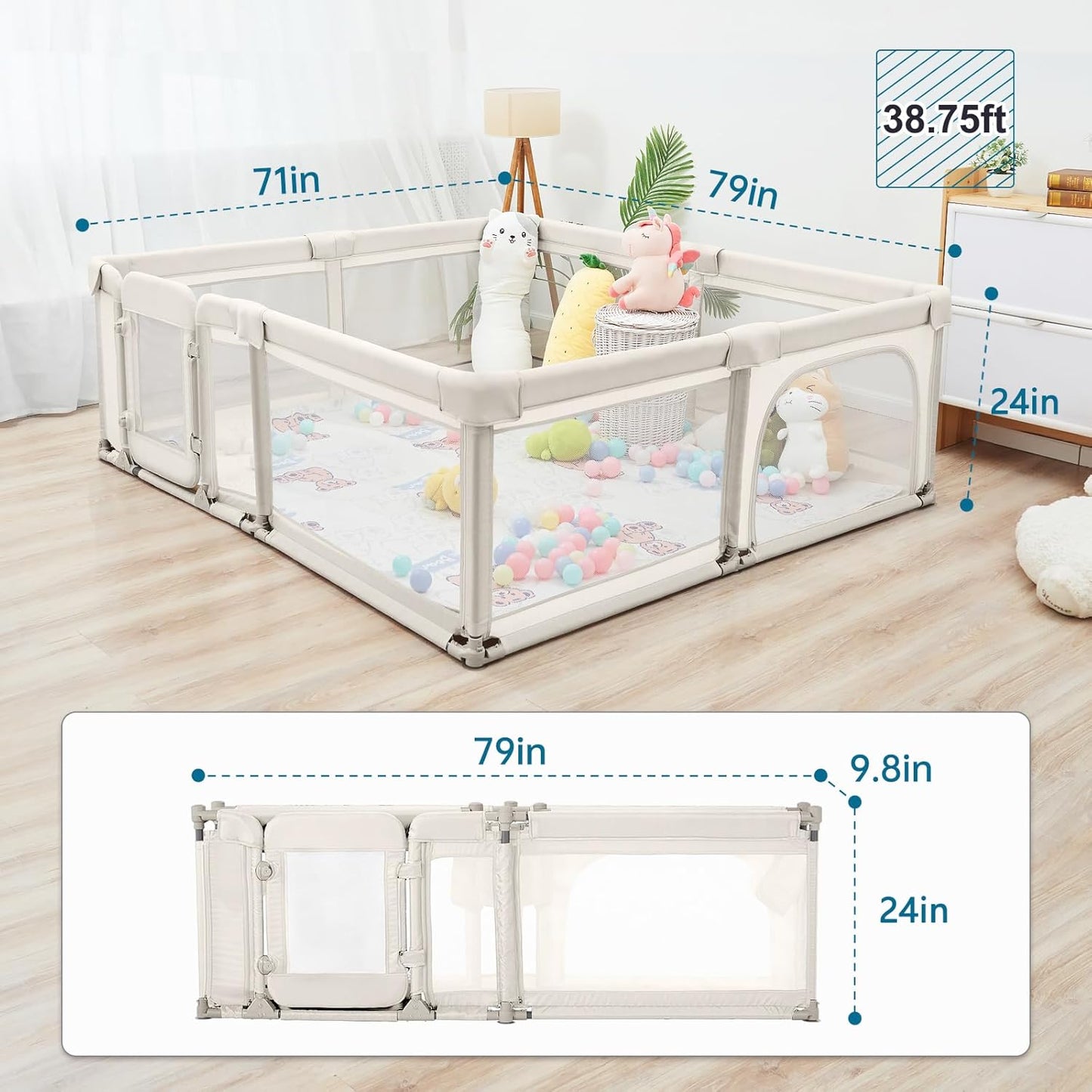 Sweeby Foldable Baby Playpen, Baby Gate Playpens for Babies and Toddlers 79x71 Extra Large Play Yard with Door Fence with Mat and Indoor Play Pen,Light Grey