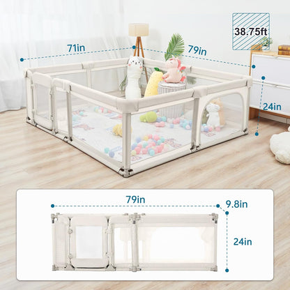Sweeby Foldable Baby Playpen, Baby Gate Playpens for Babies and Toddlers 79x71 Extra Large Play Yard with Door Fence with Mat and Indoor Play Pen,Light Grey
