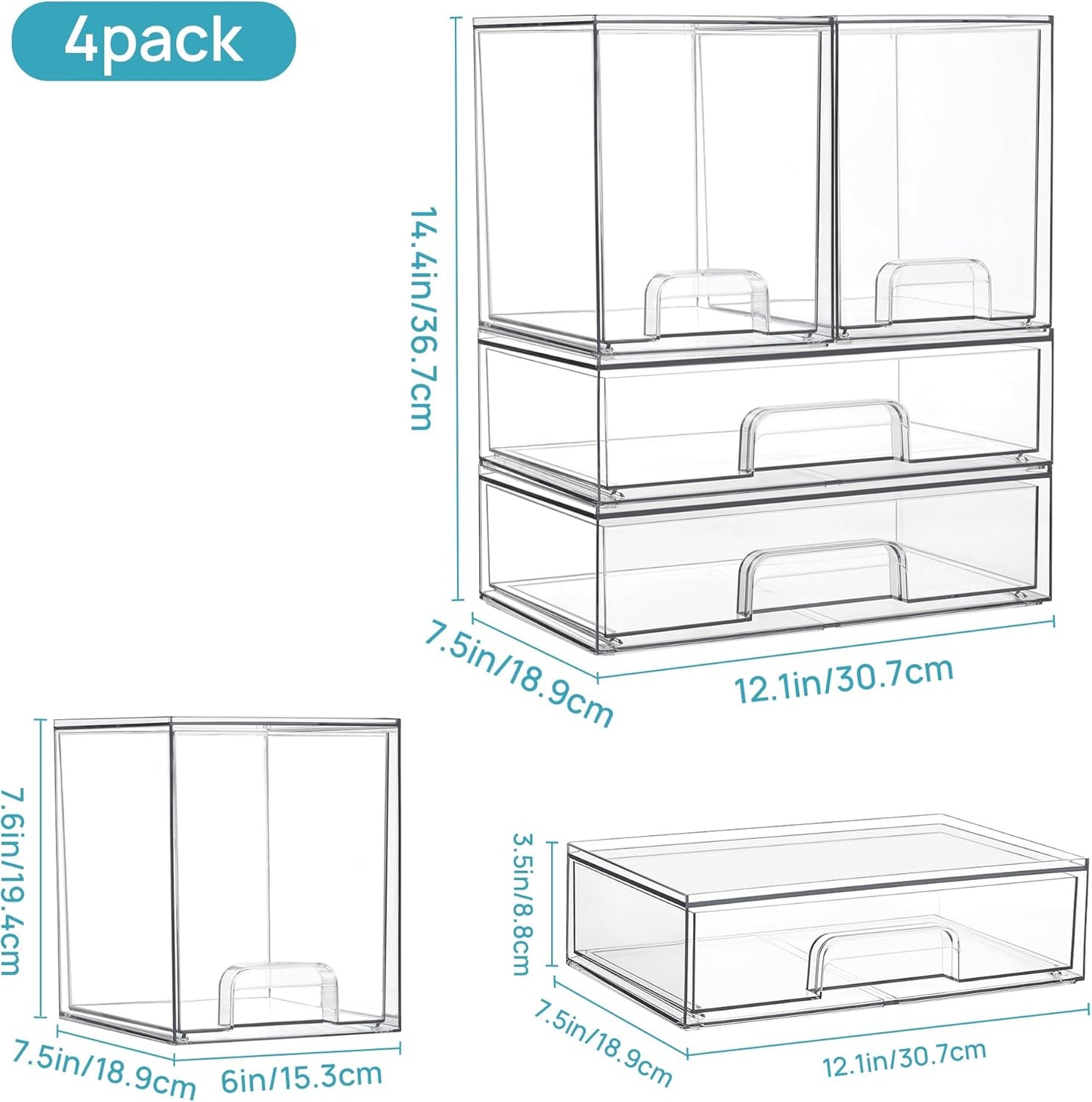 Vtopmart Stackable Storage Drawers Set of 5, Clear Plastic Organizer Bins for Baby Bottle, Beauty Supplies Storage, Ideal for Kichen Countertop, Vanity, Bathroom, Cabinet, Pantry Organization