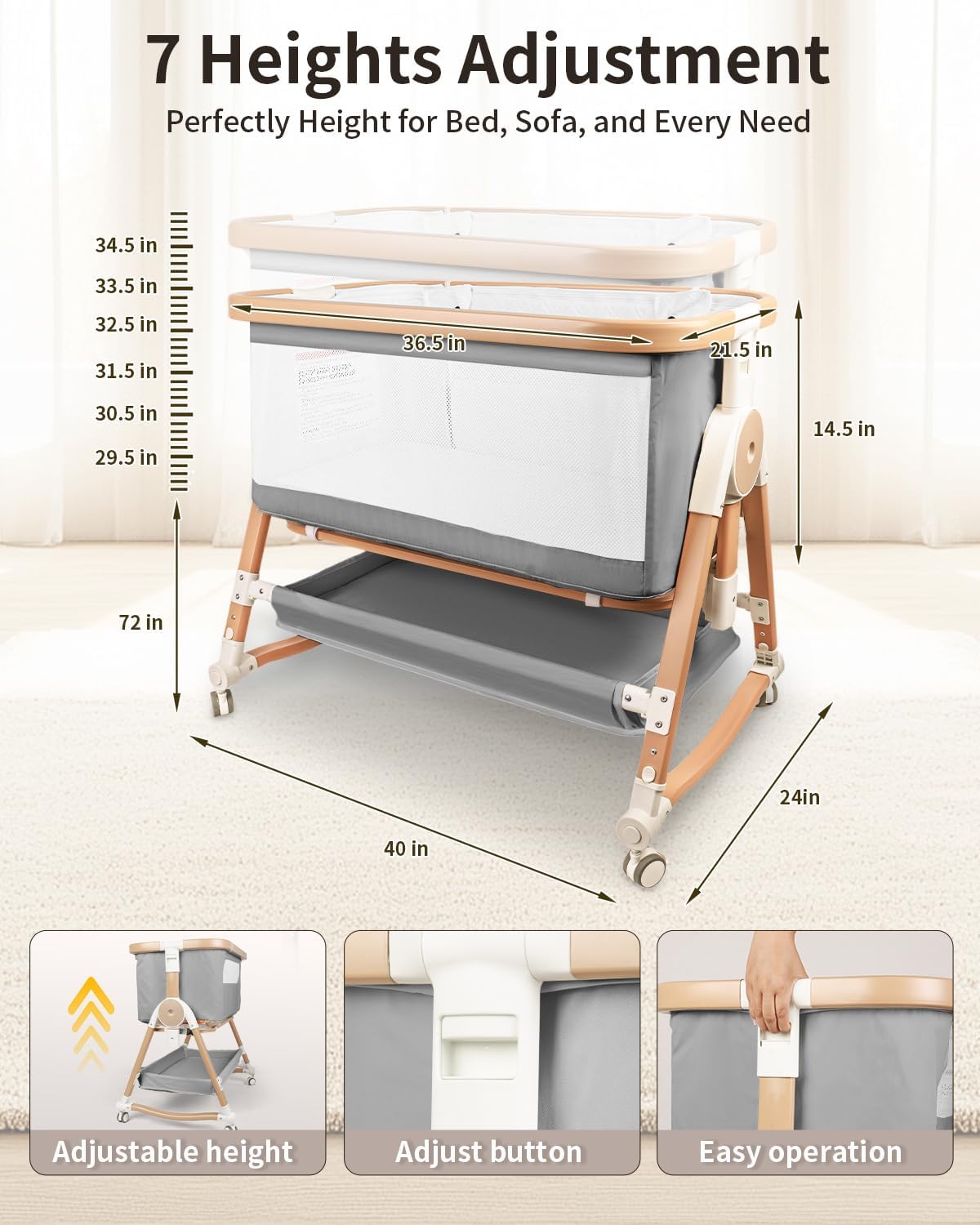 suihuooo 4 in 1 Baby Bassinet, Bassinets Bedside Sleeper with Wheels and Storage Basket, Adjustable 7 Heights Bedside Sleeper with Mosquito Net, Breathable Mesh Rocking Bassinet for Baby