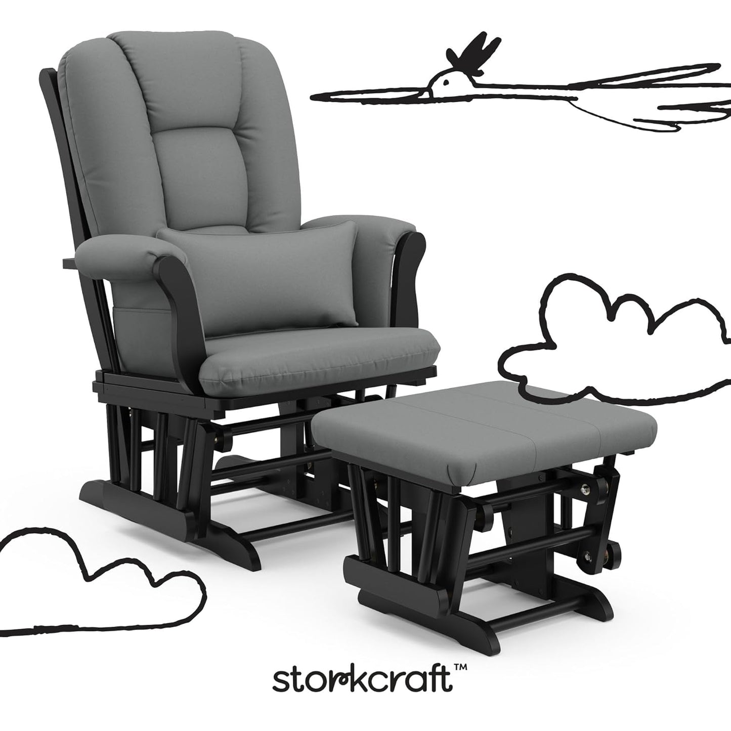 Storkcraft Tuscany Glider with Ottoman (Black/Gray) — GREENGUARD Gold Certified, Bonus Lumbar Cushion Included, Solid Wood Base, Smooth Motion, Award-Winning Nursery Rocking Chair, Glider and Ottoman