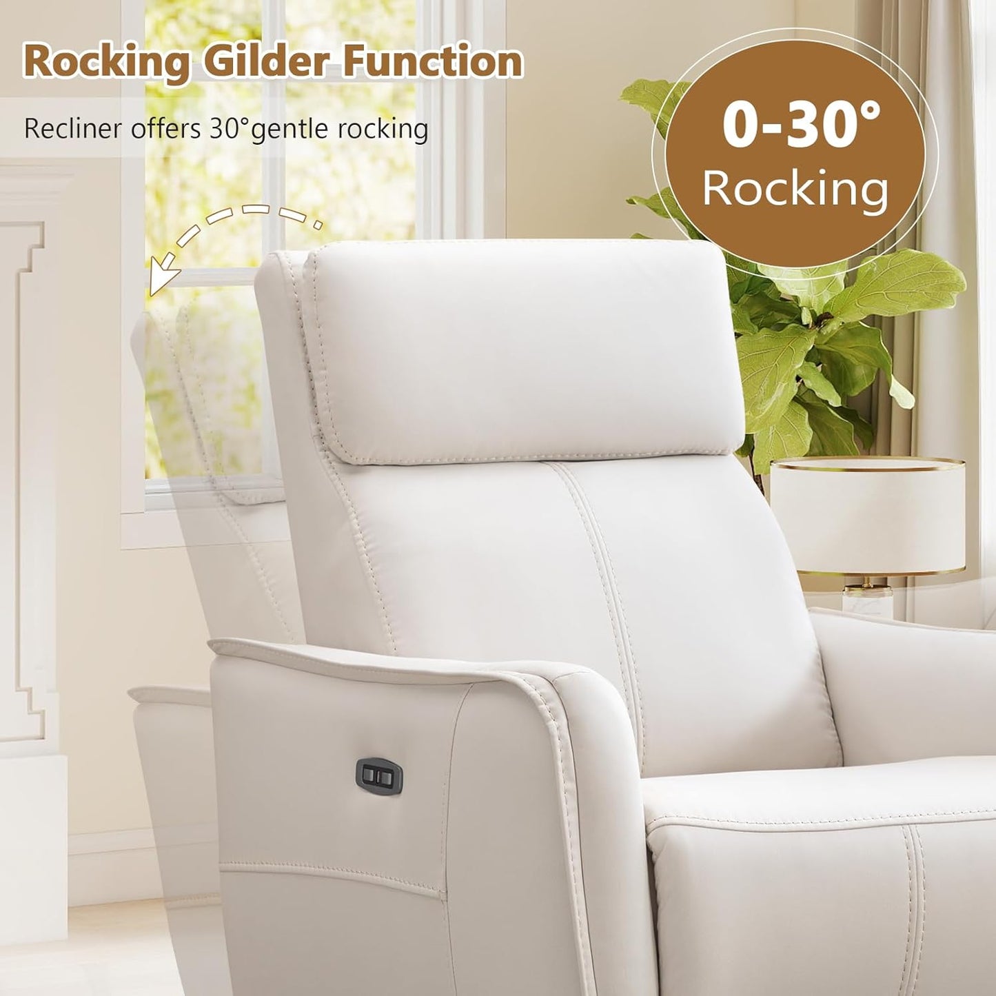 HAOMARKETS Electric Swivel Rocker Recliner Chair, Power Faux Leather Glider Rocking Recliners for Adults,360° Swivel Nursery Reclining Sofa with USB Charging Port, White