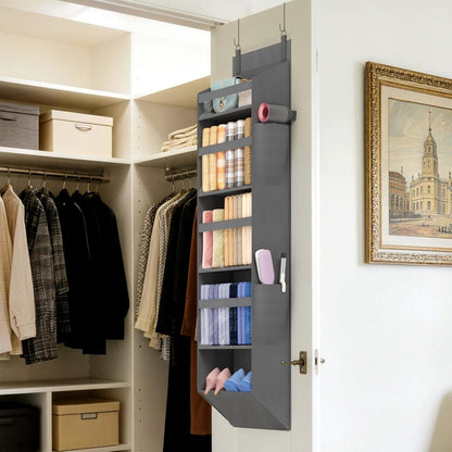 Lifewit 1 Pack Over the Door Organizer, 5 Section Clear Window Hanging Storage with 4 Side Pockets, Sturdy Anti Tilt 40 lbs Load Behind Door for Closet, Bedroom, Bathroom, Nursery, Dorm, Gray