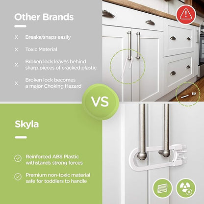 Sliding Cabinet Locks (4-Pack) 8 inch, Multi-Purpose Child Safety Lock by Skyla Homes - No Tools or Drilling Required, Best for Baby Proofing, Strong ABS Free Plastic Knob Cover