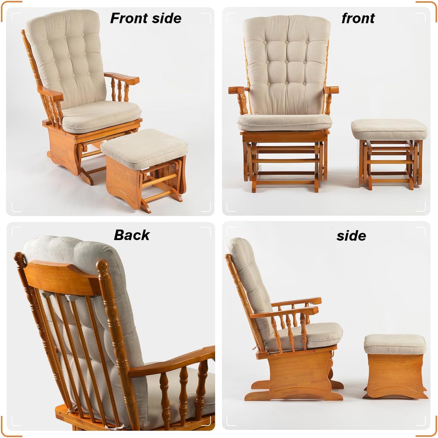 Glider Rocking Chair with Ottoman Set, Solid Wood Nursery Glider Rocker with Padded Cushion, High Back Upholstered Swivel Glider for Living Room, Nursing, Reading, 280LBS Weight Capacity,Oak+Khaki
