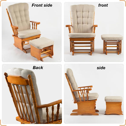Rustic Rubber Wood Glider and Ottoman Set, Nursery Glider Chair for Breastfeeding and Relaxing, Comfortable Rocking Chair for Living Room and Bedroom（Tan）