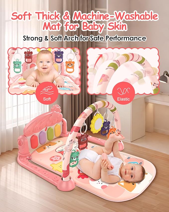 dearlomum Baby Play Gym Mat with 4-Key Musical Piano, Lights, Sounds & Hanging Toys for Tummy Time and Sensory Development, Infants to Toddlers (Pink Animal Theme)