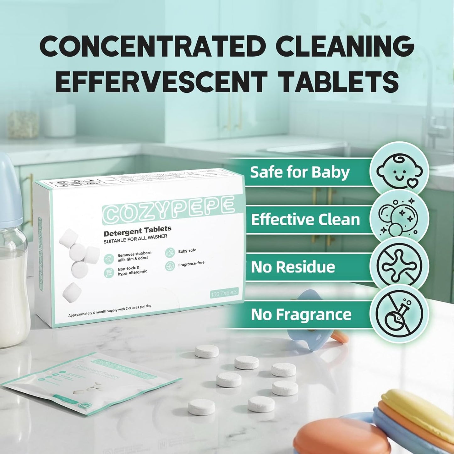 Baby Bottle Washer Detergent Tablets, 150 Count Fast-Dissolving Gentle Formula, Removes Milk Residue Grease & Odor, Compatible with All Brands, for Washer Sterilizer Dryer