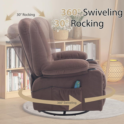 Rocker Recliner Chair with Massage and Heat, Oversized Rocking Nursery Recliners Overstuffed Swivel Glider with Cup Holder, Fabric Manual Single Sofa for Living Room, Beige