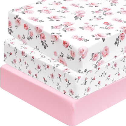 PHF 3 Pack Soft Mini Crib Sheets, Floral & Animal Pack N Play Sheets for Baby Boys Girls, No Slip Universal Fit for Pack N Play, Playard, Portable and Mini Crib Mattresses,Floral & Animal
