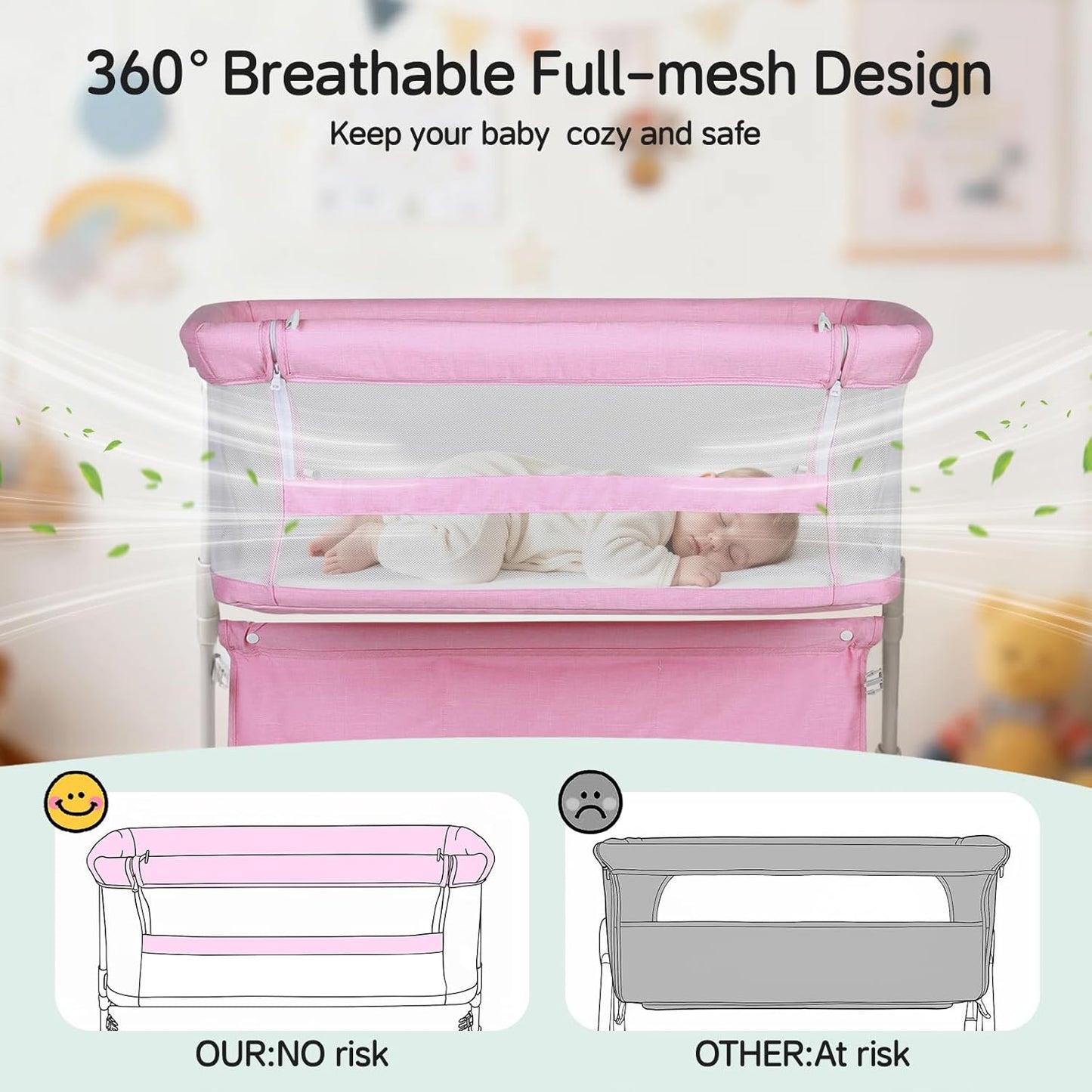 Cowiewie Bassinet Bedside Sleeper,Baby Bassinet Slides Over Bed,5-Position Height Adjustment & Breathable All-Mesh Wall Bedside Bassinet for Baby,Space-Saving Bedside Crib, Height(37.4-41.3") (Beige)