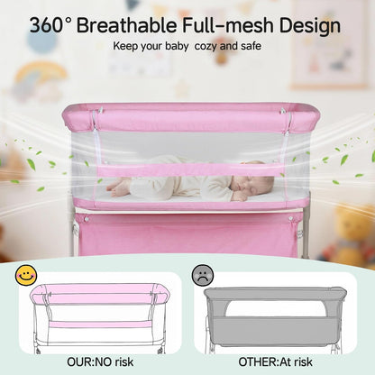 Cowiewie Bassinet Bedside Sleeper,Baby Bassinet Slides Over Bed,5-Position Height Adjustment & Breathable All-Mesh Wall Bedside Bassinet for Baby,Space-Saving Bedside Crib, Height(37.4-41.3") (Beige)