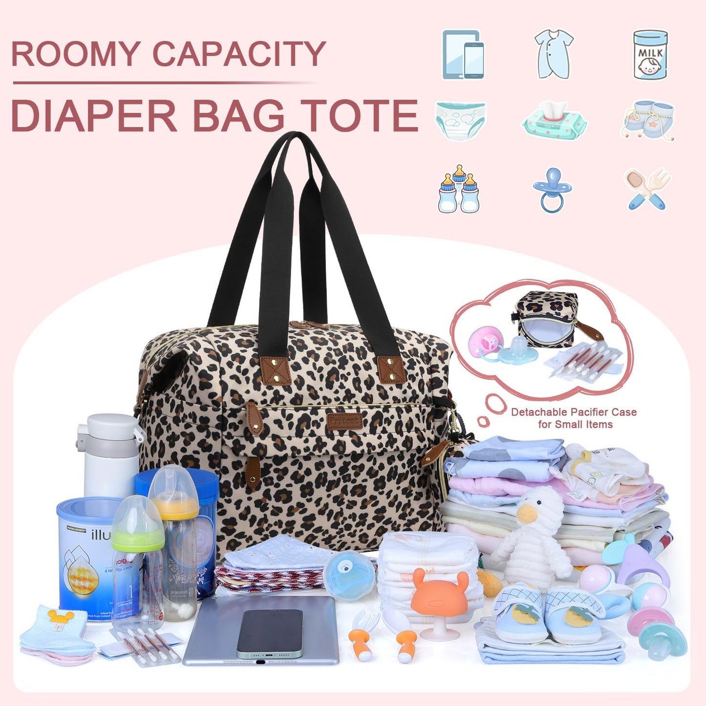 Pritent Diaper Bag Tote - Diaper Baby Bags with Pacifier Case, Shoulder Straps, Stroller Clips, Waterproof Large Mommy Maternity Travel Baby Bag for Mom and Dad, Green, Medium