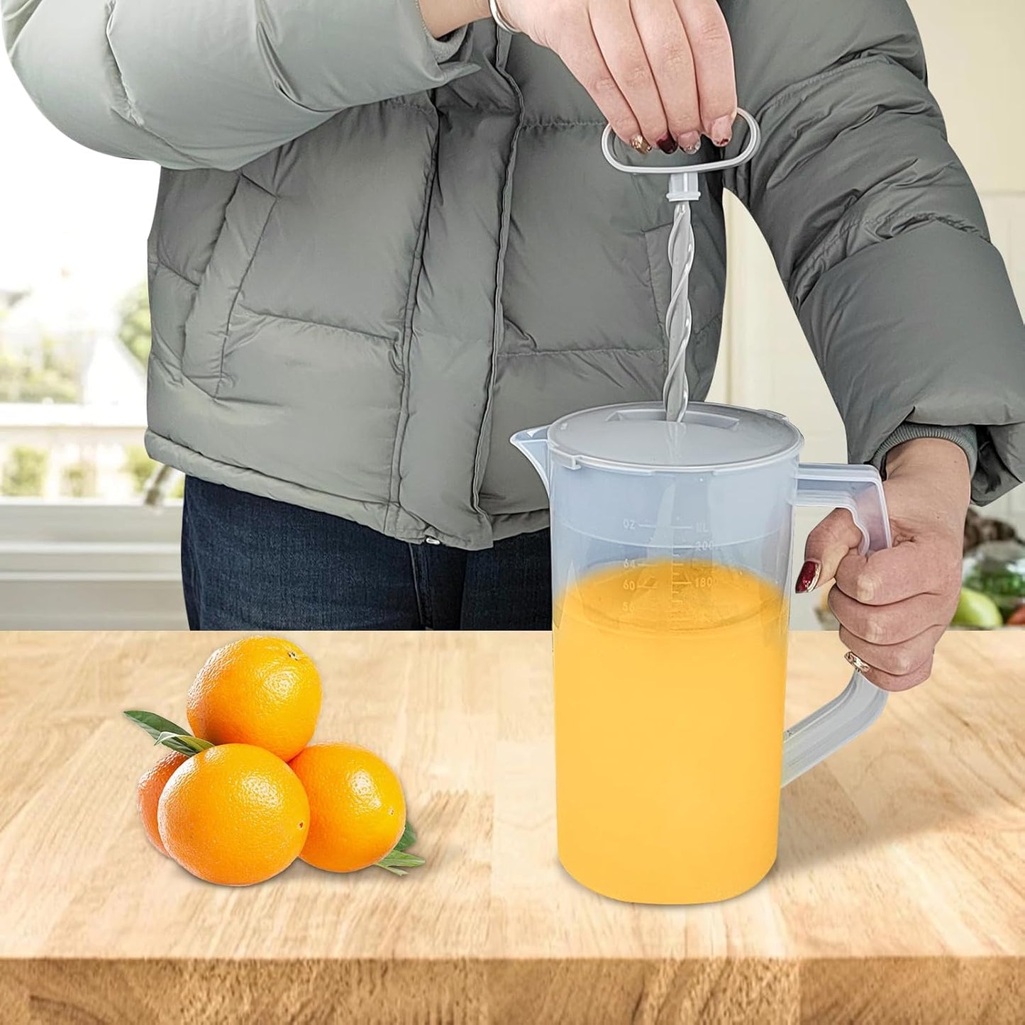 1 Pack Mixing Pitcher for Drinks 2 Quart/ 64oz Plastic Water Pitcher with Lid，Easy-Mix Juice Container，Angled Plastic Blades and Adjustable Mixer Plunger for Juice, Tea, Beverage Container
