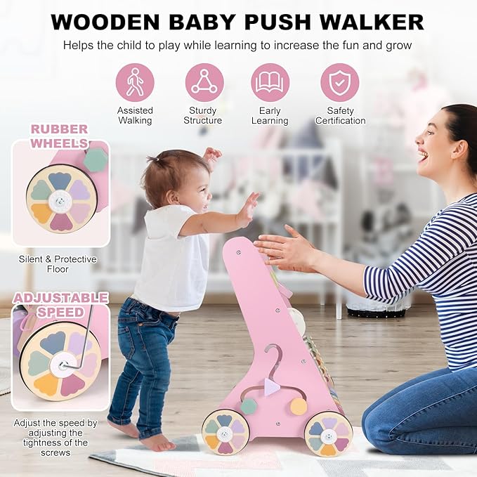 Wooden Baby Walker Wheels,Baby Push Walker for Babies 10 Months+ Montessori,Toddler Walker Push Toy Wooden Activity Walker for Boy,Walking Toys 12 Months+ Learning to Walk