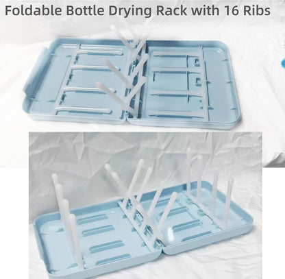 Travel Bottle Drying Rack Space Saving,Foldable Bottle Drying Rack with 16 Ribs,Portable Baby Bottle Drying Rack for Bottles,Breast Pumps and Other Feeding Accessories,Widely Used Daily Basis