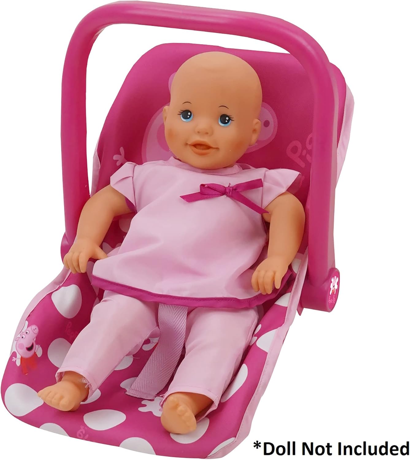 Peppa Pig: Baby Doll Car Seat - Pink & White Dots - Fits Dolls Up to 18" Convertible Into A Feeding Chair, Plastic Shell W/Fabric, Harness Belt, Pretend Play for Kids Ages 3+
