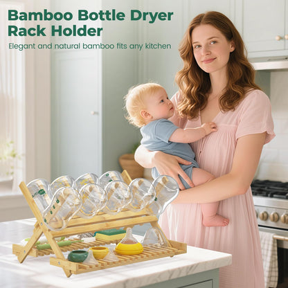 EsLuker.ly Baby Bottle Drying Rack Bamboo Vertical Dryer Holder, Space Saving for 12 Milk Glass Bottle Countertop, Wooden Drain Stand Shelf for New Parents