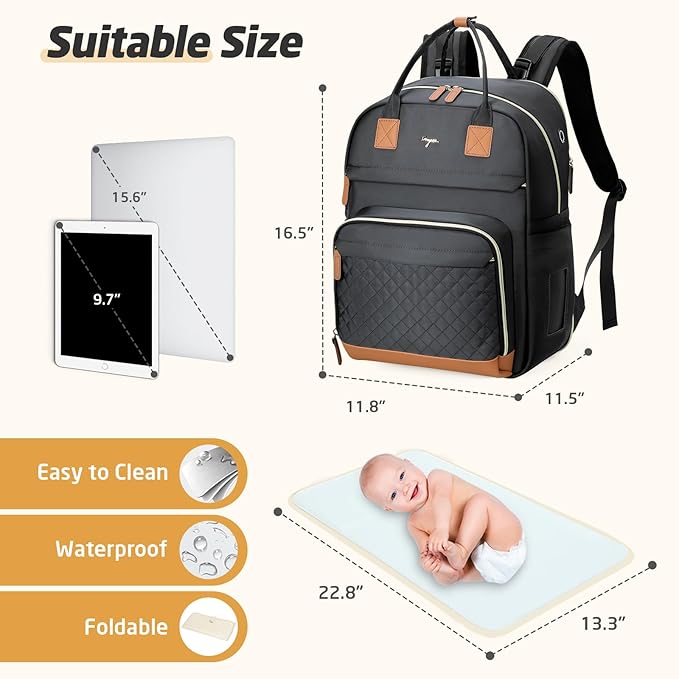 Diaper Bag Backpack - Extra Large Diaper Bag for 2 Kids Twin, Travel Baby Bags for Mom Dad 25-37L Expandable with Changing Pad Earphone Hole, Solid Black