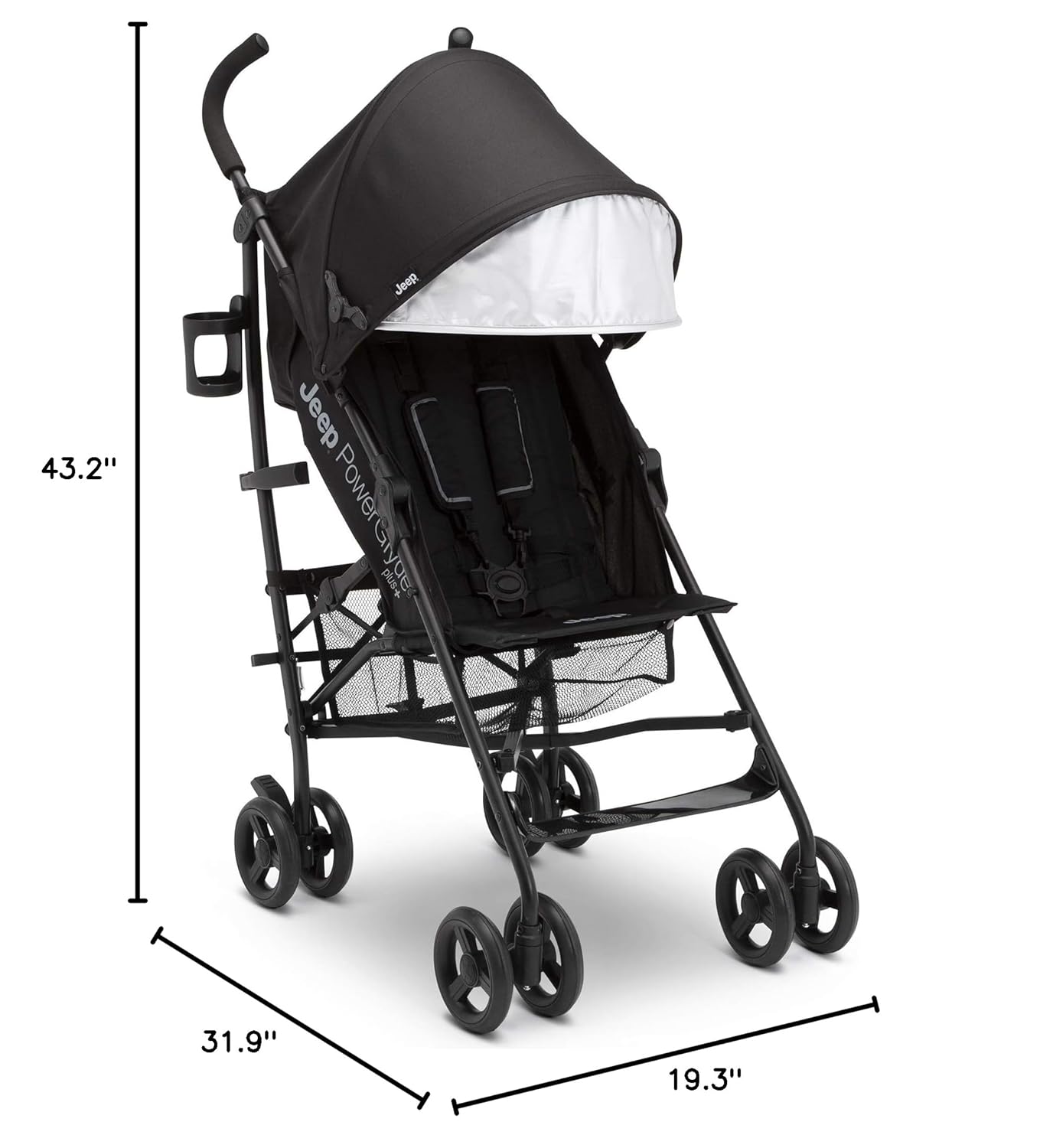 Jeep PowerGlyde Plus Stroller by Delta Children Lightweight Travel Stroller with Smoothest Ride, Aluminum Frame, 4-Position Recline, Extra Large Storage Basket, Black