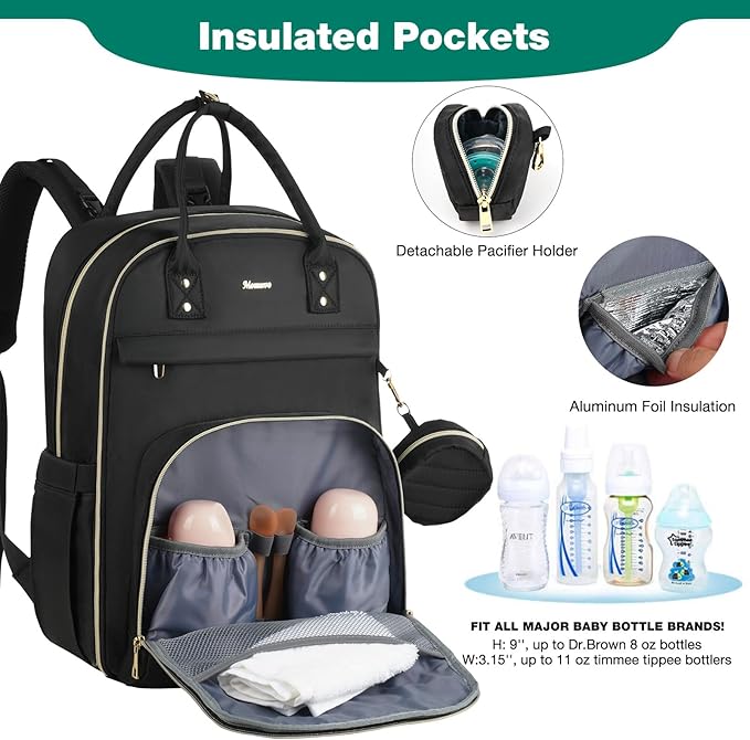 MOMUVO Diaper Bag Backpack, Quilted Baby Bag with Changing Pad and Stroller Straps, Dark Black