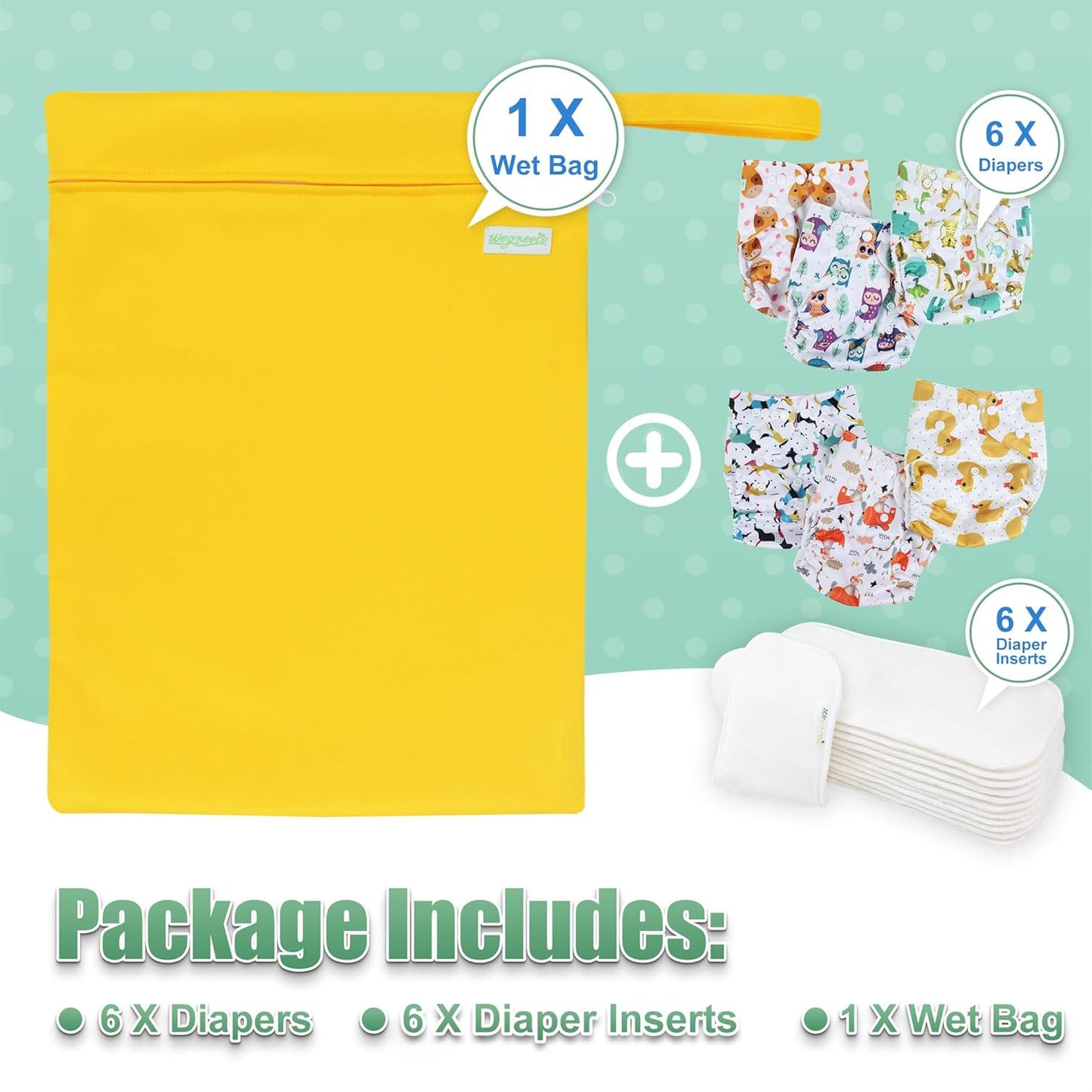 wegreeco Cloth Diapers 6 Pack with 6 Inserts & 1 Wet Bag, Washable Cloth Diapers for Babies, One Size Adjustable Reusable (Flower)