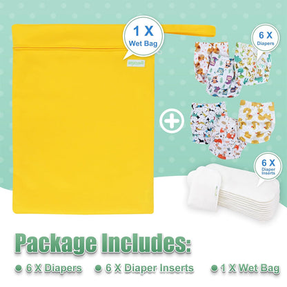 wegreeco Cloth Diapers 6 Pack with 6 Inserts & 1 Wet Bag, Washable Cloth Diapers for Babies, One Size Adjustable Reusable (Flower)